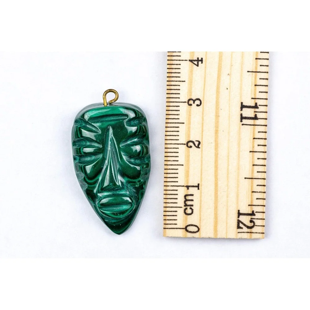 Vintage Carved Malachite Tribal Mask Pendant, Green Stone Totem Face Jewelry